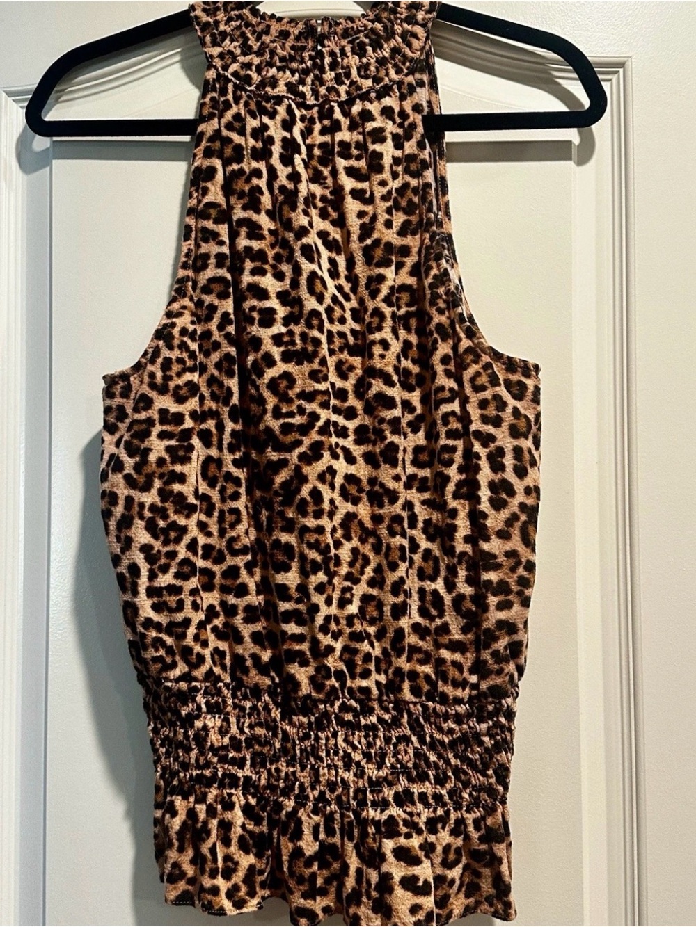 INC International Concepts Leopard Print Smocked Halter Top Blouse Brown XL